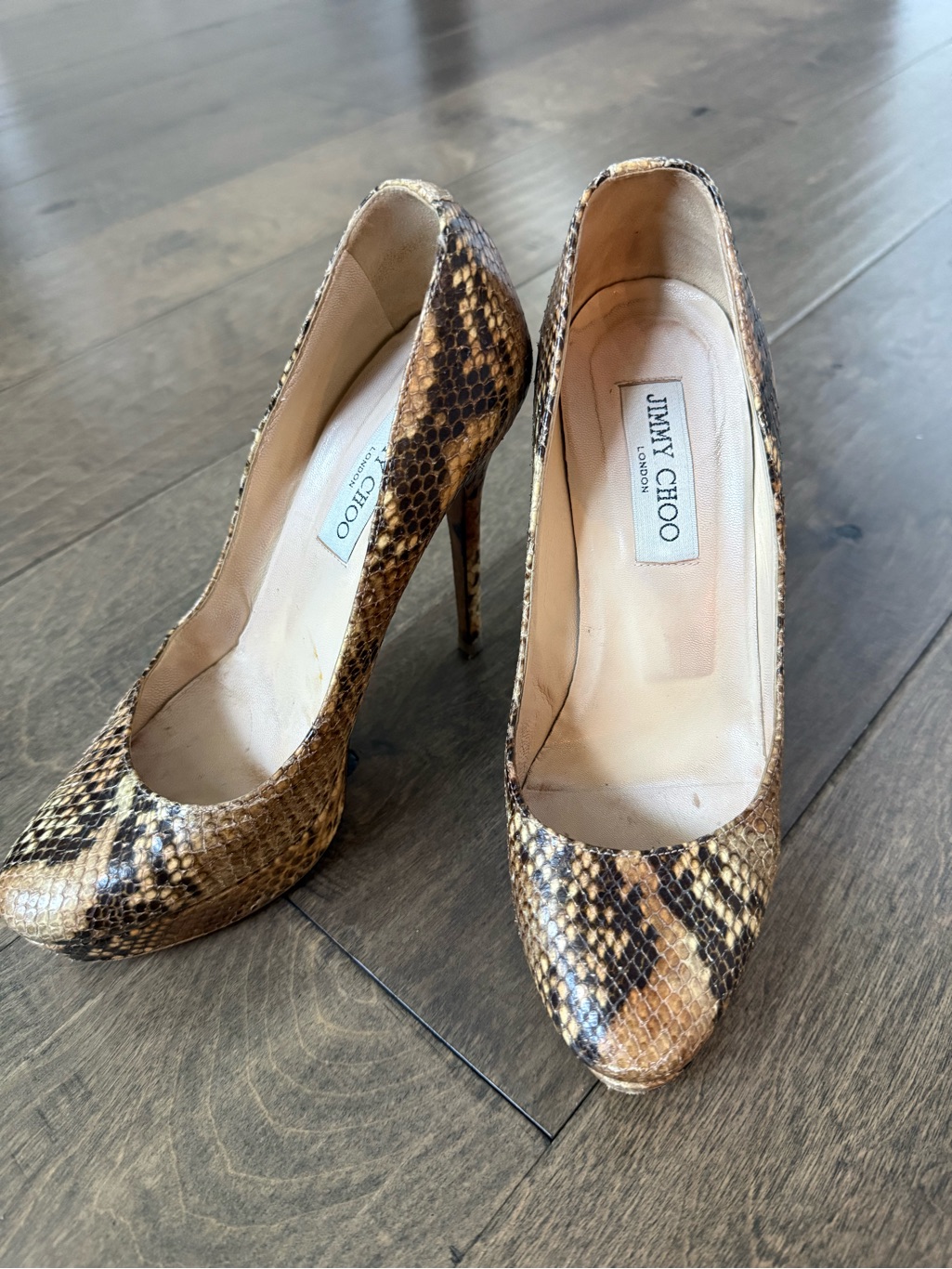 Jimmy Choo Brown Snake-Print Stiletto Platform Pumps